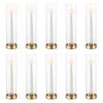 NUPTIO Hurricane Glass Candlestick Holders: 10 Set Bulk Gold Taper Candle Holder Metal Candle Stick Stand with 11.81 inch Tall Windproof Clear Seelves for Outdoor & Indoor Wedding Party Holiday Decor