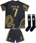 LeenBD 2023/2024 Vini Jr. No #7 Madrid Special Dragon Edition Kids Soccer Jersey Shirts Football Futbol Socks Set Youth Sizes, Black, 26 (8-9 Years)