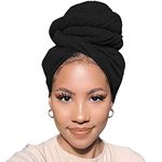 Xtrend Stretch Jersey Turban Head Wrap Scarf Headwraps for Women African Head Wraps Long Hair Scarf Ultra Soft Breathable Solid Color Turban Tie Large Headband (Black)