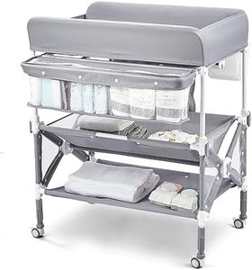 Babevy Portable Baby Changing Table, Foldable Diaper Change Table with Wheels, Adjustable Height, Cleaning Bucket, Changing Station for Infant Mobile Nursery Organizer for Newborn (Light Grey)