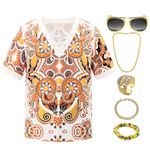 Men's 70s Hippies Costume Disco Outfit Retro Short Sleeve 6-Piece Set with Glasses Necklace Bracelet Ring M