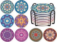 Drink Coasters Round Absorbent Ceramic Stone Coasters Set of 8 with Cork Base, Fun Drink Coasters with Stand for Cold Drinks, Wine Glasses and Cups Table Protection, 4 inch, Mandala Style Ceramic Coasters