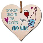 The Plum Penguin Handmade Wooden Hanging Heart Plaque Gift lockdown runs on love laughter and wine novelty wall hanger alcohol wine lovers funny home bar decoration