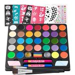 Maydear Face Painting Kit for Kids Party, 32 Colors Water Based Makeup Palette, Stencils, Glitters, Rainbow Split Cake, Hair Dye Clips, for Halloween Professional Face Body Paint Kit