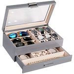 LANDICI Wooden Watch Box Organiser Jewellery box for Men Women, Luxury Piano Paint Large Watch Display Case with 6 Slot Watch Holder, 3 Slot Sunglasses Case, Jewelry Storage Box Drawer, Grey