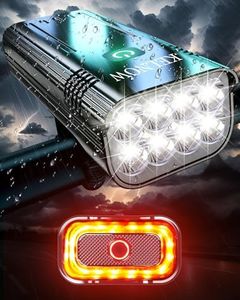 8 LED Bike Lights for Night Riding & Smart Bike Tail Light, 9500 Lumen 10000 mAh Headlight 30H Runtime Aluminum Bicycle Light, Brake Sensing Rear Lights, IPX6 Waterproof USB Rechargeable LED Light