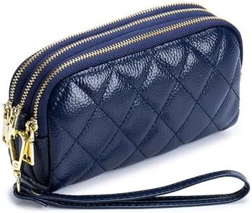 Genuine Leather Wristlet Wallets for Women, Quilted Ladies Clutch Wallet Purses, Blue