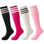 BISOUSOX 4 Pairs Unisex Kids Football Socks for Age 6-8/9-12 Knee High Socks Boys Football Socks Cotton Striped Socks Girls Football Socks Running Training Socks Gift for Kids