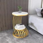 Decoration Crown Metal Bed Side Round Table with Golden Metal Base and White Wooden Top C Table for Living Room Bedroom Home Office Snack Coffee Patio Side Table