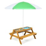 DORTALA Kids Picnic Table, 3-in-1 Water & Sand Activity Table with Height Adjustable Umbrella & Removable Tabletop, Outdoor Wooden Bench & Table Set for Toddler, for Garden, Yard & Patio, Colorful