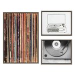 Kate and Laurel Sylvie Records 33RPM, Victrola Record Player and Vinyl Vibes Framed Canvas Wall Art Set by Various Artists, Set of 3, two 16x20 and one 23x33 Gray Frames, Bohemian Vinyl Record Art for Wall