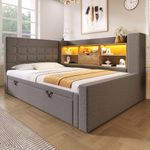 Merax Daybed with Pull Out Trundle Bed, Single Upholstered Sofa Bed with Storage Compartments,LED Lighting,USB&Type C Charging Station, for Living Room and Bedroom, Linen+Grey/90x190cm(No Mattress)