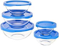 Amazon Basics 5 Piece Glass Mixing Bowl Set with 5 Bowls & BPA-Free Lid, Clear With Blue Lids, 1 x .49L, .88L, 1.4L, 2.4L, 3.3L