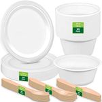 HOMURG Paper Plates and Bowls and Cutlery Sets, 150 PCS Disposable Party Tableware Set of White Dinner Plate, 24 oz Bowl, Wooden Flatware, Birthday Christmas Home Party Dinnerware for 30 Guests