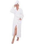 Vlazom Women Dressing Gown, Luxury Fleece Soft Robe Winter Warm Fluffy Full Length Bathrobes with Hooded Pockets Loungewear White,XL