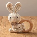 SYCAMORE EAST Wooden Baby Rattle Crochet Fox Baby Toys Handmade Newborn Toy Early Development Grips Stuffed Animal Organic Rattle (Rabbit)