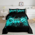 Kids Gamer Comforter Set Full Size Teens Gamepad Bedroom Decor for Boys Girls Video Game Controller Bedding Set Youth Gaming Console Comforter Blue Black Geometry with 2 Pillow Case