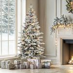 YITAHOME Potted Pre-Lit Flocked Arctic Fir Pencil Tree, 6 ft Slim Christmas Tree with 15 Pre-Decorated Red Berries, 520 PE & PVC Mixed Branch Tips, and 150 Lights for Home, Office Decoration