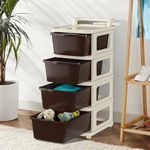 Kuber Industries 4 Layer Plastic Modular Storage Drawer Organizer with Wheels | Chest of Drawer Storage Box for Living Room, Office, School and Home | Toys Organiser for Kids Room | Ivory & Brown