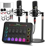 Podcast Equipment Bundle for 2, RGB Audio Interface with XLR Condenser Microphone, and 3.5mm Mic, Mute,48V Phantom Power for Streaming,Gaming,Recording-Black (H1)
