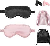 Silk Satin Sleeping Mask Eye Mask Set Include 2 Blindfold Eyeshade Elastic Strap Double Layer Silk Filling Eye Cover 2 Ear Plugs 2 Storage Bags for Women and Men Sleep Travel Nap (Black, Taro Purple)