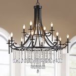 WUZUPS Candle Chandelier 12-Light Wagon Wheel Pendant Ceiling Light Modern Lighting Fixture for Bedroom Hallway Bar Kitchen Dinning Living Room Bathroom, Black, E12 Base, 37" Wide 42.4" High