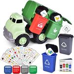 FUN LITTLE TOYS Garbage Truck Toy with 4 Rear Loader Trash Cans and Garbage Illustrated Flash Cards, Waste Management Recycling Truck Toy for Kids