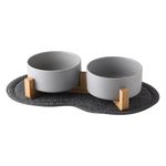 Mtlpaetm Ceramic Pet Bowls for Dog and Cat, No Spill Dog Food and Water Bowl Set with Anti-Slip Wooden Stand, Feeding Dishes Suitable for Small, Medium and Large Cats Dogs Grey（400ml/13.5oz）