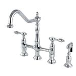 Kingston Brass KS1271TALBS Tudor 8 Inch Center Kitchen Faucet with Brass Sprayer, Polished Chrome, 8-3/4 inch in Spout Reach, Polished Chrome