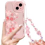 NITITOP Compatible for iPhone 15 Case Cute Bear Clear Floral Flower for Girls Women with Chain Lanyard Wrist Strap Soft TPU Shockproof Protective Girly - Pink Flower Bear