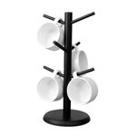 FOSFUKEER Coffee Cup Holder, Black Bamboo Cup Holder Tree with Thickened Base,Mug Tree, Coffee Cup Holder, Counter Cup Holder, Coffee Cup Holder Storage Rack with 6 Hooks (black)