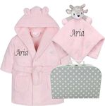 Hoolaroo New Born Baby Girls Gift Set Personalised New Baby Gift Pink Baby Dressing Gown Comforter Hamper Present (Age 0-6 Months)