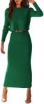 PRETTYGARDEN Women's Spring Fall 2 Piece Sweater Set Rib Knit Long Sleeve Crop Top Maxi Bodycon Skirt Casual Winter Outfits (Green,Large)