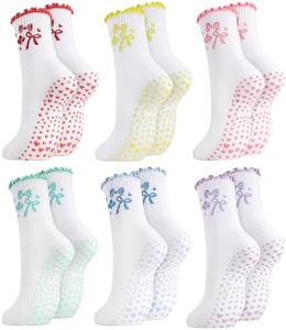 soxitoevy 6 Pairs Cute Pilates Socks for Women, Non-Slip Ruffle Bow Yoga Socks, Cotton Grippy Athletic Crew Socks for Fitness Hospital Barre Pilates Gift