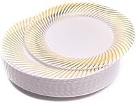 MATANA 20 Premium White Plastic Dessert Plates with Gold Rim, 18cm / 7 Inch - Elegant & Reusable Small Side Plates, Starter Plates for Weddings, Birthdays, Picnic, BBQ, Parties