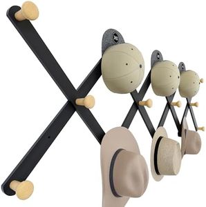 SKOLOO Large Hat Rack for Wall, Wooden Accordion Wall Hanger, Modern, Expandable Coat Hooks, Hat Display Rack for Home, Office, and Studio, 14 Peg, Black