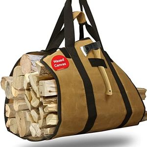 Extra Large 2in1 Firewood Carrier Waxed Canvas Bag 44”x23”, Heavy Duty Log Wood Holder Tote Bag with Handles and Shoulder Strap for Indoor Fireplace Wood Stove Accessories, Outdoor Camping (Khaki)