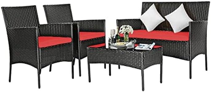 DORTALA 4 Pieces Patio Furniture Set, Rattan Conversation Set with Coffee Table & Cushions, Outdoor Wicker Sofa Set for Poolside, Backyard, Red