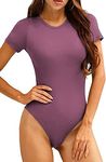 LAOLASI Women's O Neck short sleeves Slim Fit Casual Basic Bodysuit Daily Jumpsuit T Shirts, Purple Red, Small