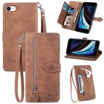 Refilerss iPhone 8 iPhone 7 iPhone SE 2022 iPhone SE 2020 Wallet Case Zipper Pocket with Card Holder Slot Magnetic Closure Lanyard TPU Protective PU Leather Folio Flip Cover - Brown