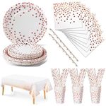 Nkaiso Party Tableware 126 Piece Rose Gold Paper Tableware Set Includes Birthday Paper Plates Napkins Cups Straws for Wedding Shower Engagement Wedding Birthday-25 Guests