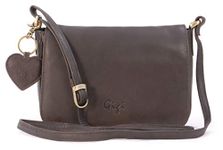 Gigi - Women's Small Leather Crossbody Bag - Flap Over Organiser Handbag - Multiple Pockets - With Heart Keyring Charm - OTHELLO 14578 - Dark Brown