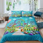 Cartoon Amusement Park Theme Bedding Sets Full Ferris Wheel Roller Coaster Pirate Ship Pattern Comforter Cover Sets Blue Sky White Clouds 3 Pieces Duvet Sets(1 Duvet Cover 2 Pillow Cases)