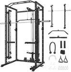 Power Cage with Smithbar, 1600 Lbs Power Rack with LAT Pulldown, Multi-Functional Squat Rack with Cable Pulley System, Dip Handles and J-Hooks, Power Cage for Home Gym Equipment (Black)