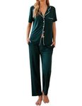 Ekouaer Womens Pjs Sets Loungewear Sets For Women Soft Button Short Sleeves and Long Pants with Pocket, Green, M