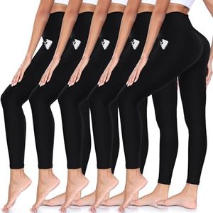 5 Pack Leggings for Women High Waisted No See-Through Soft Tummy Control Black Pants for Running Yoga Athletic Workout