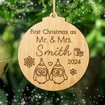 First Christmas as Mr and Mrs Decoration Bauble Personalised Xmas Tree Ornament Married Wood Tree Bauble For 1st Wedding Gifts Keepsake For Him Or Her Hand Finished in UK(Round 1)