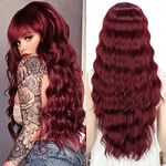 YEESHEDO Long Hair Wigs for Women with Bangs Natural Curly Wavy Synthetic Wine Red Wig with Fringe for Party Cosplay or Daily 28 Inches