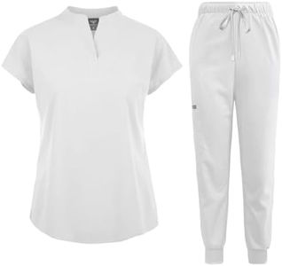 niaahinn Scrubs Set for Women Nurse Uniform Jogger Suit Stretch Top & Pants with Multi Pocket for Nurse Esthetician Workwear (White, Medium)