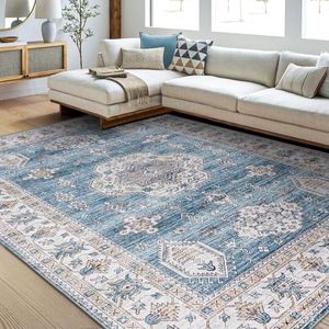 Taleta ALU Washable Rugs Living Room Large Blue Rug Non Slip Vintage Rugs for Bedroom Soft Short Pile Rugs Oriental Area Rugs Kitchen Rugs for Living Room Dining Room (Blue, 240 x 340 cm)